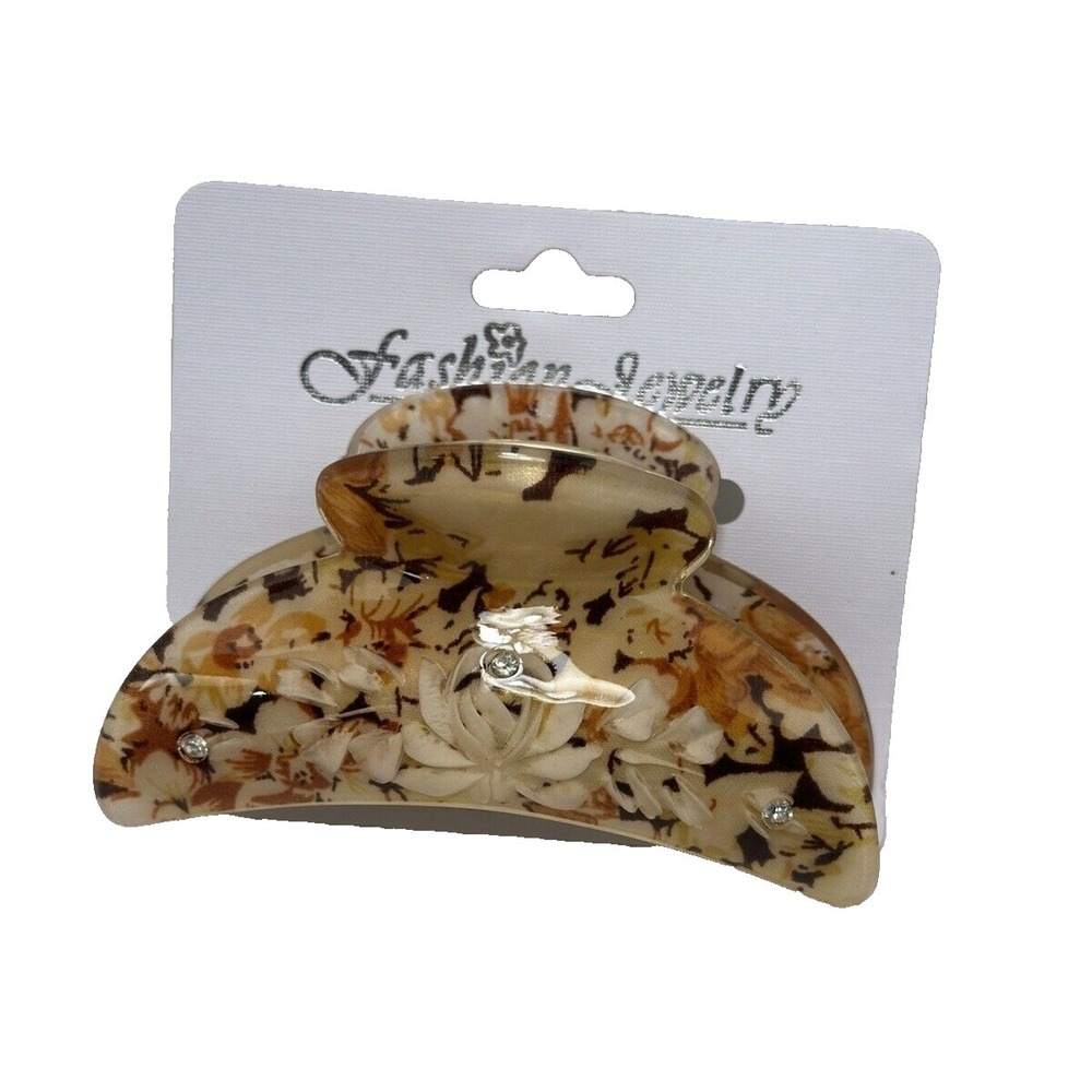 Floral Tortoise Shell Claw Hair Clip Rhinestone Gold Tone Fashion‎ Jewelry New